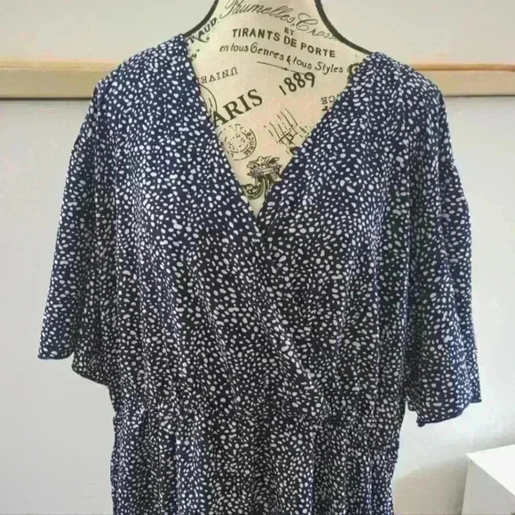 NEMIDOR | Women's Navy/White Dot Casual  V-Neck Faux Wrap Midi Dress - Picture 4 of 8